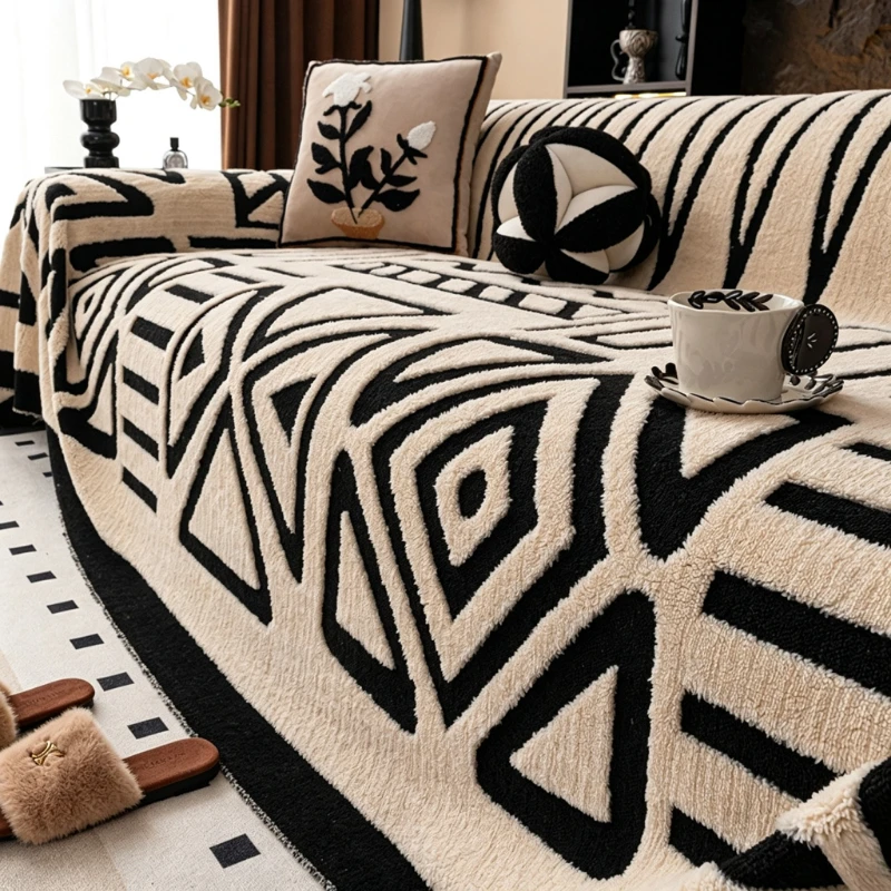Boho Geometric Fluffy Fleece Couch Cover Warm Plush Sofa Towel Pet‑Friendly Dustproof Machine Washable Protector for Living Room