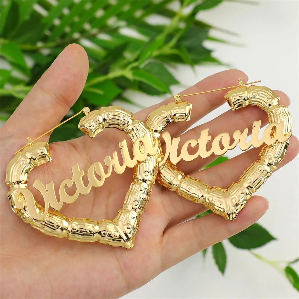 

Stainless Steel Bamboo Hoop Earrings Custom Heart Name Earrings Personalized Hip-Hop Jewelry Gift for Women Gold Color Orecchini