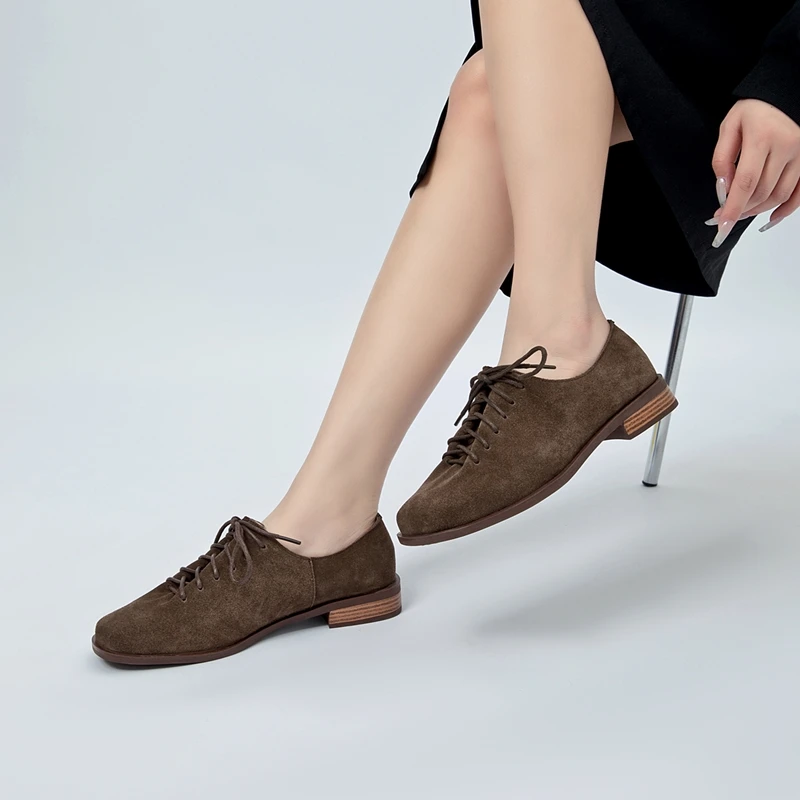 AIYUQI Women Loafers Shoes Genuine Leather Thick Heels Student Shoes Female Lace Up British Style Lady Oxford Shoes Footwear