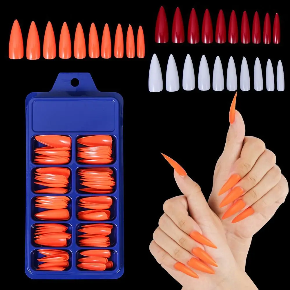 100 PCS/Box Solid Colour False Nail Tips Fake Nails Art Long Stiletto Acrylic Manicure DIY Tools Full Style 20Colors_voghion.com