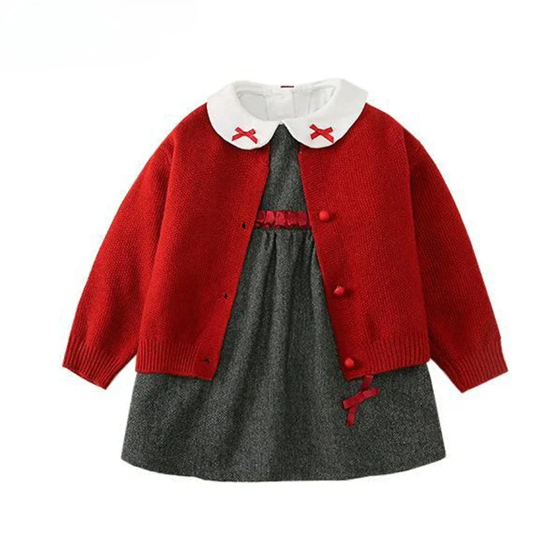 

New Years Kids Red Knitted Cardigan+White Blouse+Sleeveless Dresses First Birthday Party Sweater Suit 3pcs Baby Girl Dress Sets