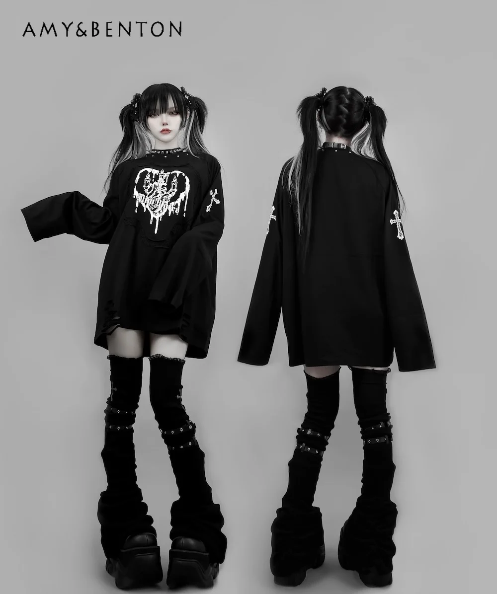 

Женская футболка средней длины в стиле Харадзюку с кружевной отделкой в стиле пэчворк и длинным рукавом с готическим принтом и круглым вырезом в стиле субкультуры в стиле панк