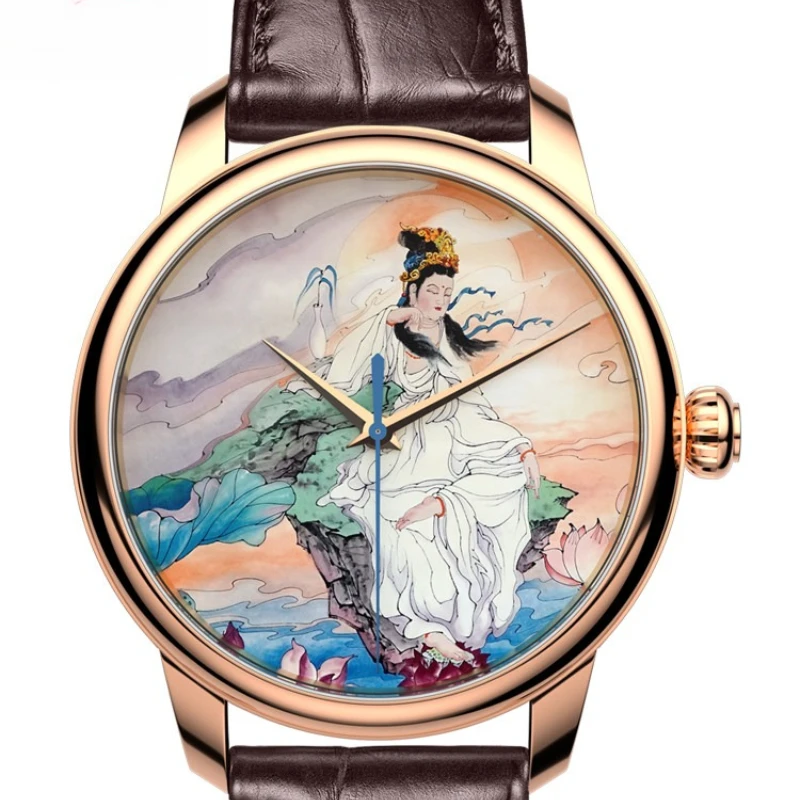 

Оригинальные мужские механические часы с микроэмалевой росписью Гуаньинь Бодхисаттвы, часы с изображением Будды, мужские часы