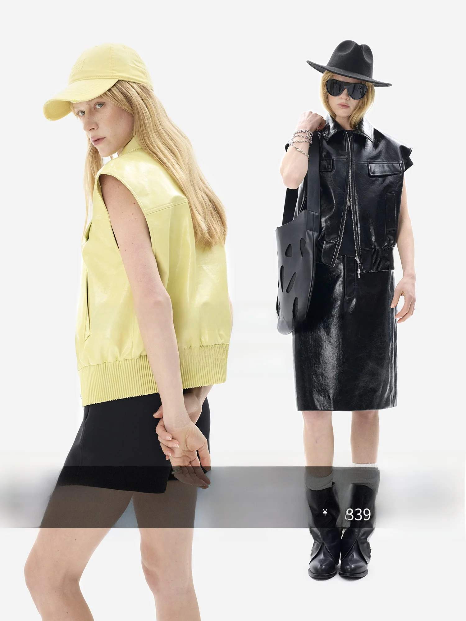 

HonoreGuYue Women's Fashion Set High Waist Skirt And Vest Waterproof Oil Wax Bright Surface Double Zipper Sleeveless Loose Fit