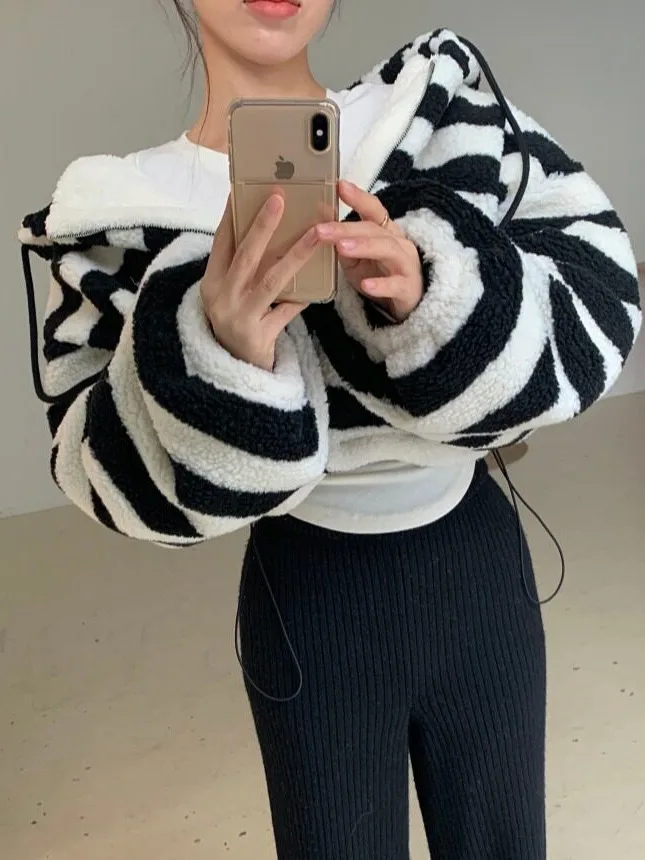 Lamb Fur Hooded Striped Color Block Sweatshirt Soft Cozy Korean Style Women's Spring Autumn Winter Casual Outfit Streetwear