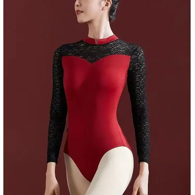 Ballet Leotards For Women Dancewear Lace Back Adult Ballerina Clothes Long Sleeve Leotard Stand-up Collar Swimwear Costume