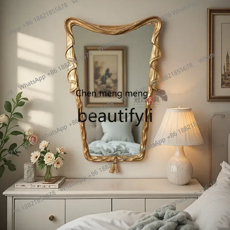 French retro makeup mirror wall-mounted bathroom European-style engraving,home bedroom entrance special-shaped decorative mirror