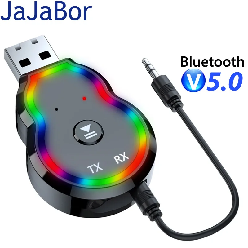 

JaJaBor USB Bluetooth 5.0 Audio Transmitter Receiver Colorful Light 3.5MM AUX Wireless Adapter Dongle for PC TV Car Headphones