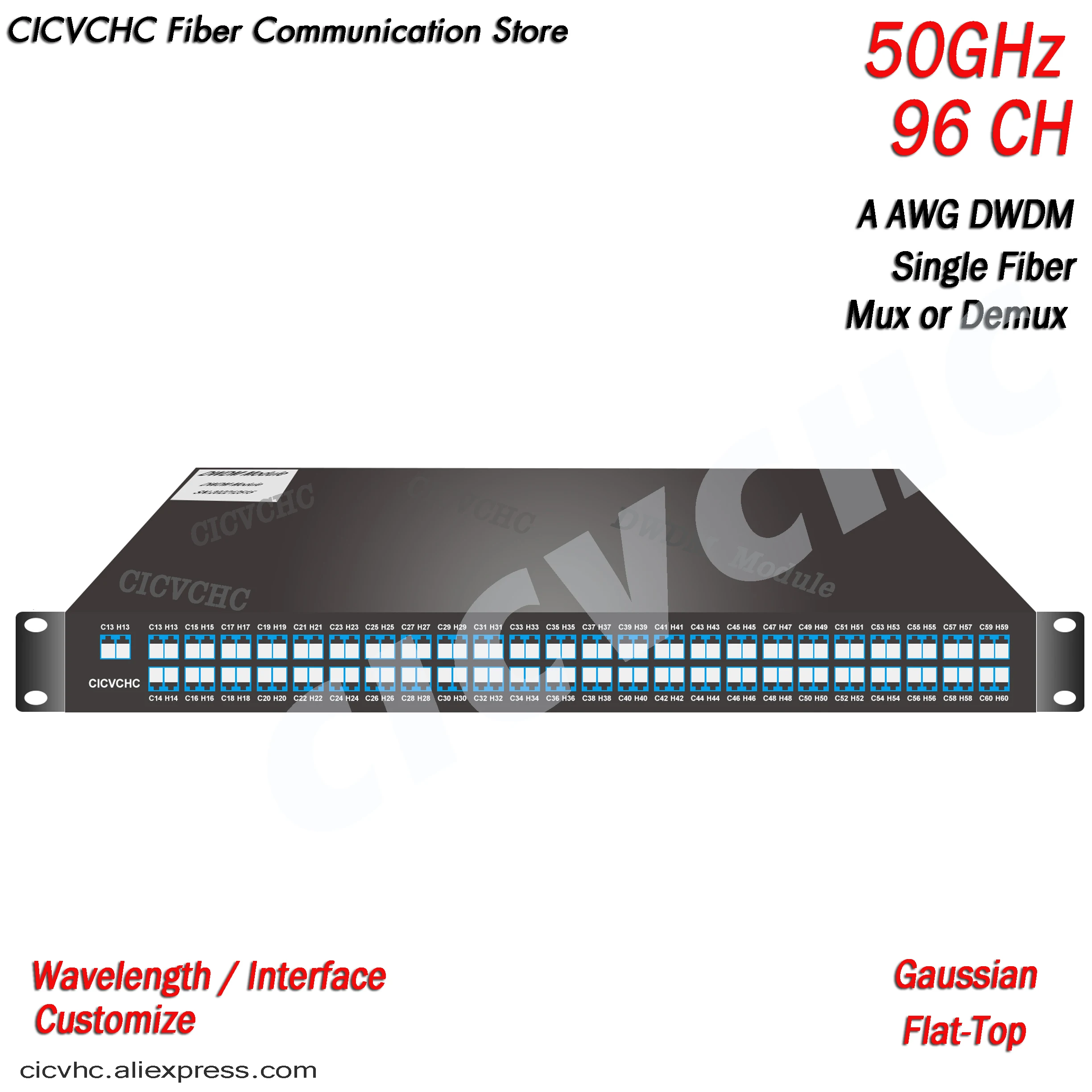

50GHz 96 Channels DWDM MUX/DEMUX AAWG Gaussian or Flat-Top, LC/UPC, Single Fiber 1U Rack