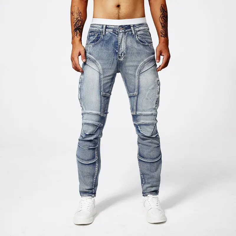 

New Style Jeans for Men Fashion Versatile Washed Straight Fitting Patchwork with Elastic Casual Minimalist Biker Denim Pants
