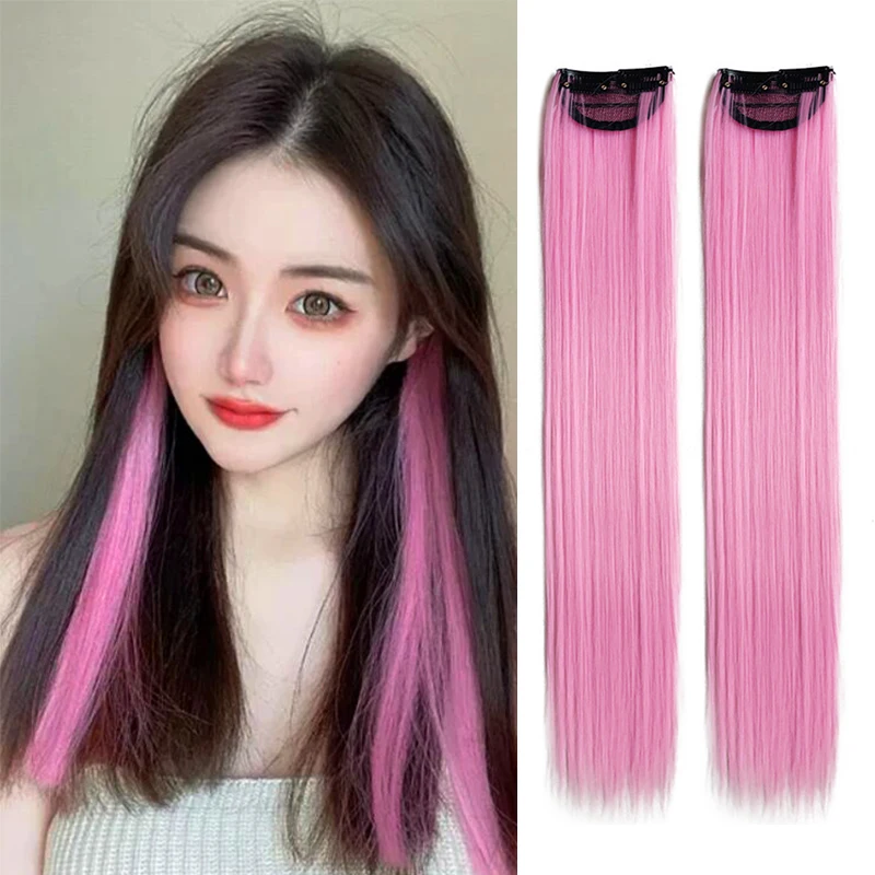 2 Pcs Clip in Colored Hair Extensions Synthetic Straight Rainbow Hair Piece Colorful Highlights Hair Extension for Kids Women