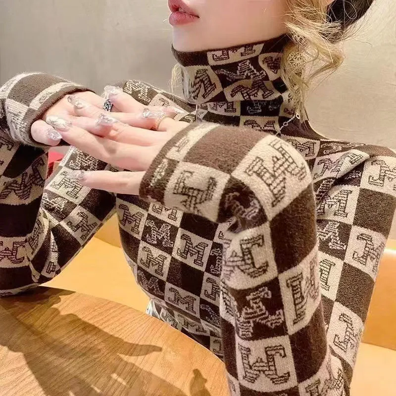 Women Comfortable Soft Pullovers Autumn Winter Fashion Y2k Letter Jacquard Sweaters Slim Turtleneck Knitted Jumper