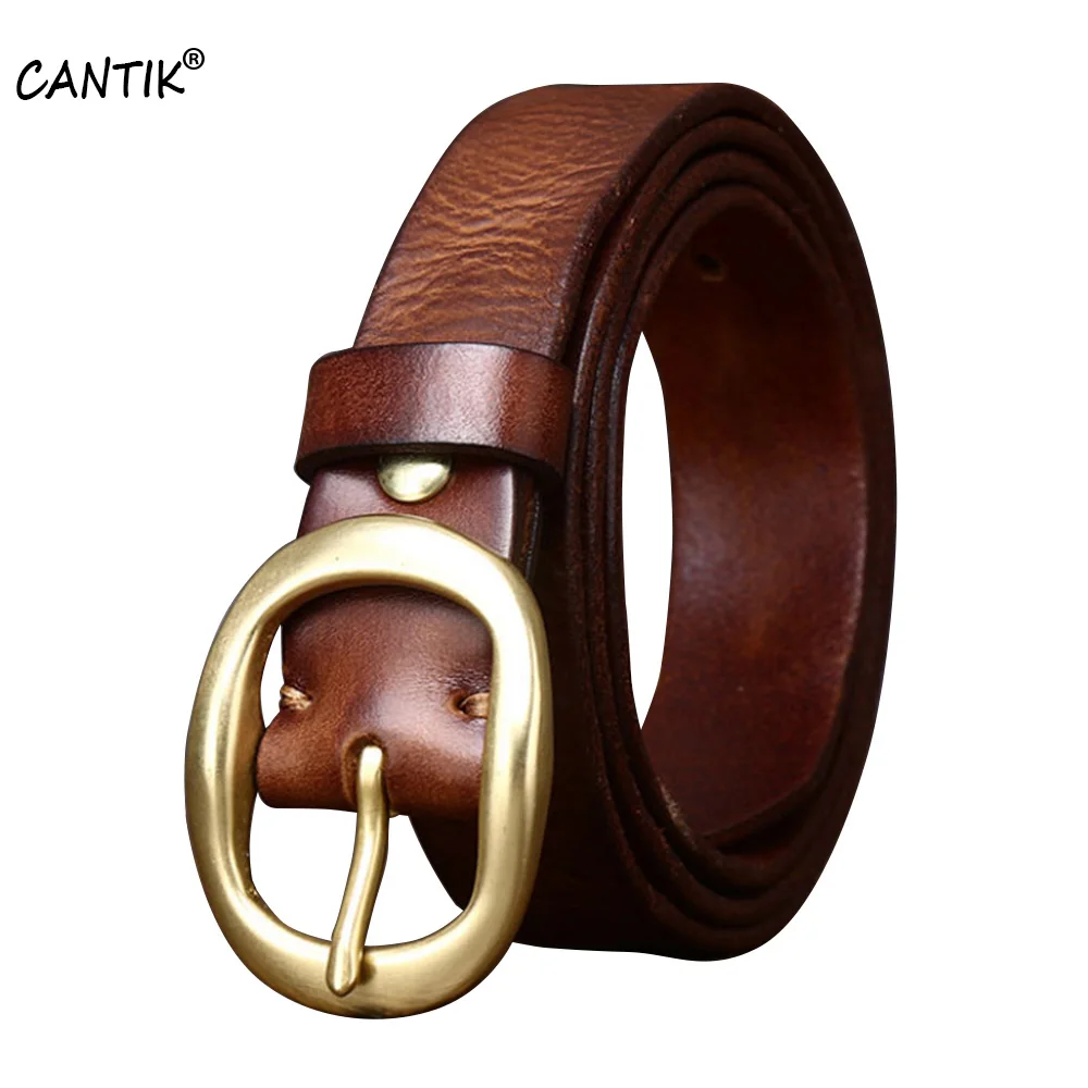 CANTIK Top Quality Cow Genuine Leather Belts Brass Pin Buckle Metal Belt for Women