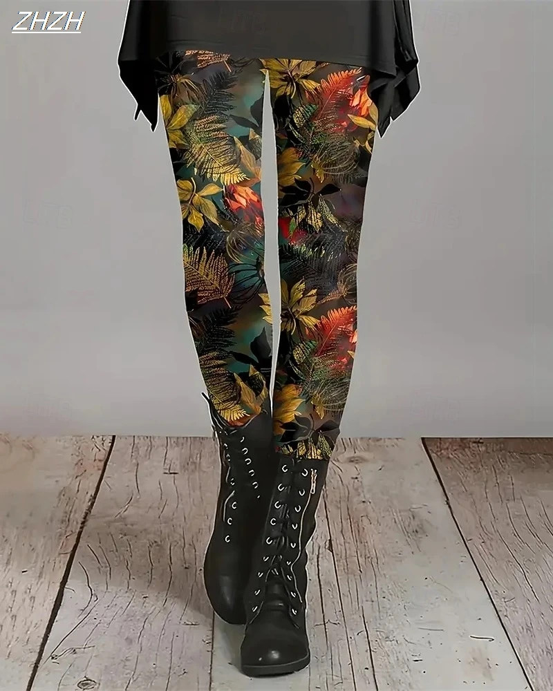 Women's Leggings Natural Floral Printed Pants Polyester Spandex Stretch Elastic Waist ,Control Fall Winter Outdoor Streetwear