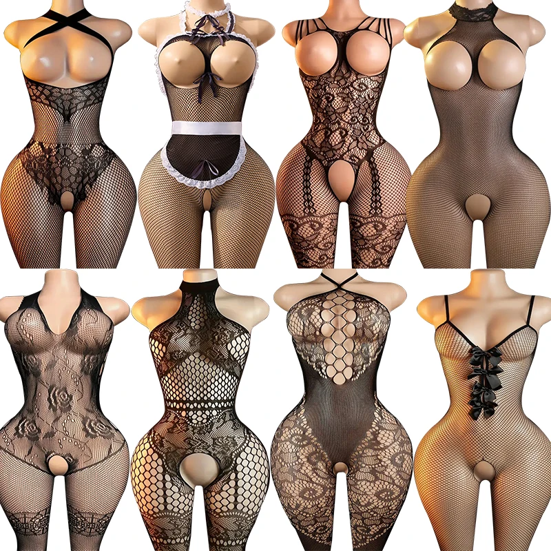 Conjunto de lencería sexy de rejilla para mujer, body de una pieza transparente, pantimedias, pijama sensual, ropa interior de encaje.