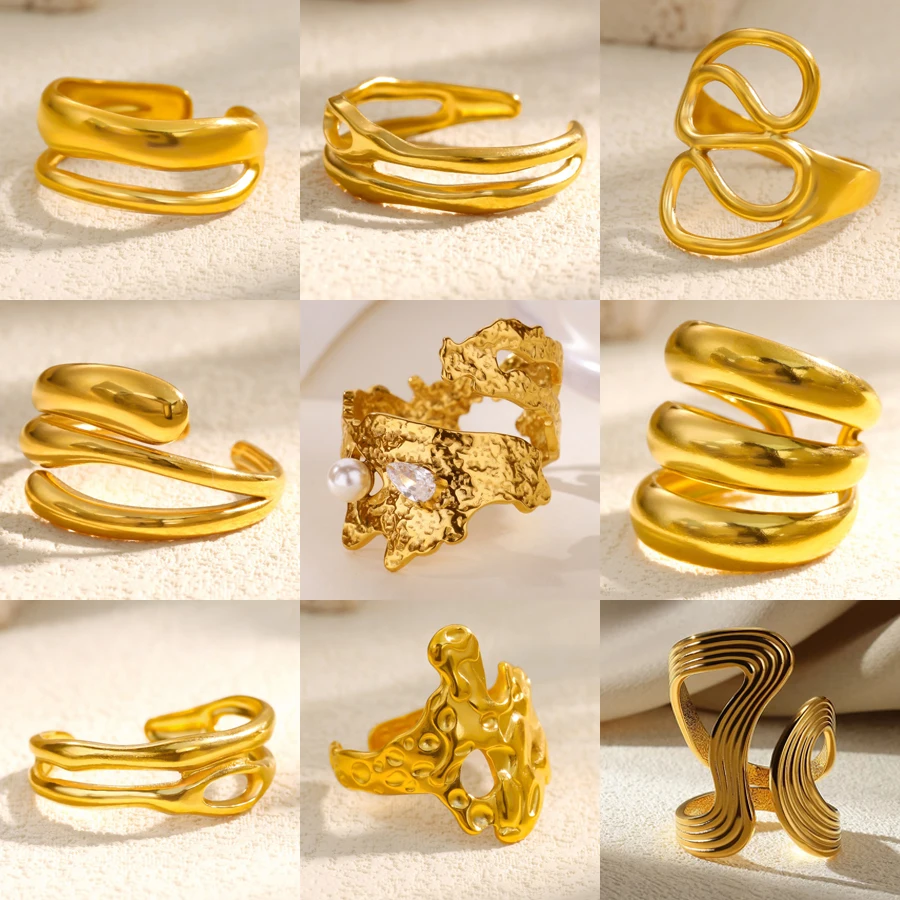 Geometric Wave Rings for Women Irregular Gold Color Stainless Steel Ring Vintage Statement Finger Jewelry Accessory Wholesale