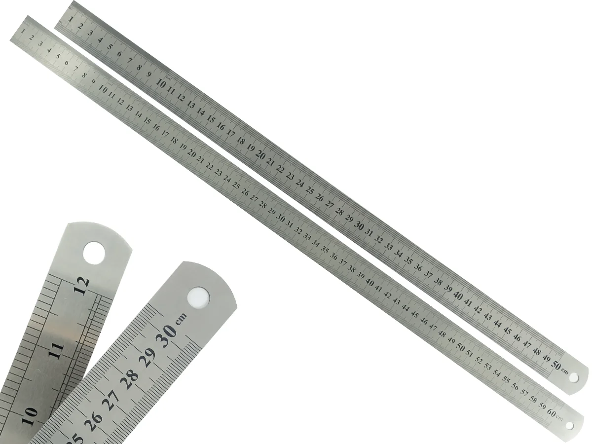 Kit 2 Réguas Escolar De Metal Aço Inox Tamanho 50 e 60 cm Engenheiro Escritório Resistente Marcação Baixo Relevo