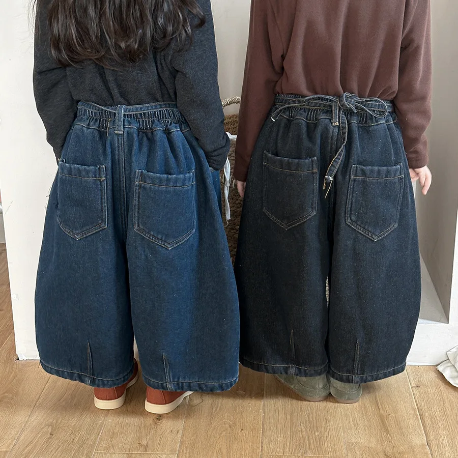 ‌2025 Winter Kids Fleece-lined Jeans Wide-leg Pants Unisex Toddler Thickened 3/4 Length Cotton Blend Stretchy Casual Outfit