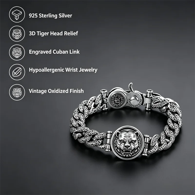 OUYADI Men Women Domineering Tiger Head Silver Bracelet S925 Sterling Silver Cuban Chain Retro Vintage Couple Wrist Jewelry