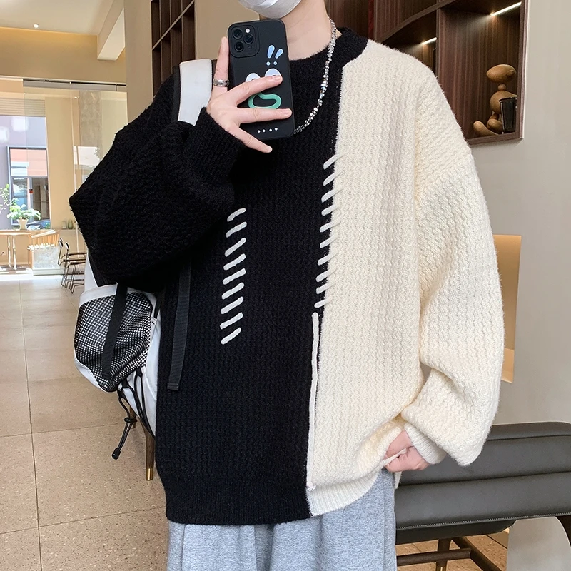 

Thiened Design Knitted Sweater for Men Autumn Winter Youthful Splice Knitwear Base irt for Teens Polyester Fiber Long Sle...