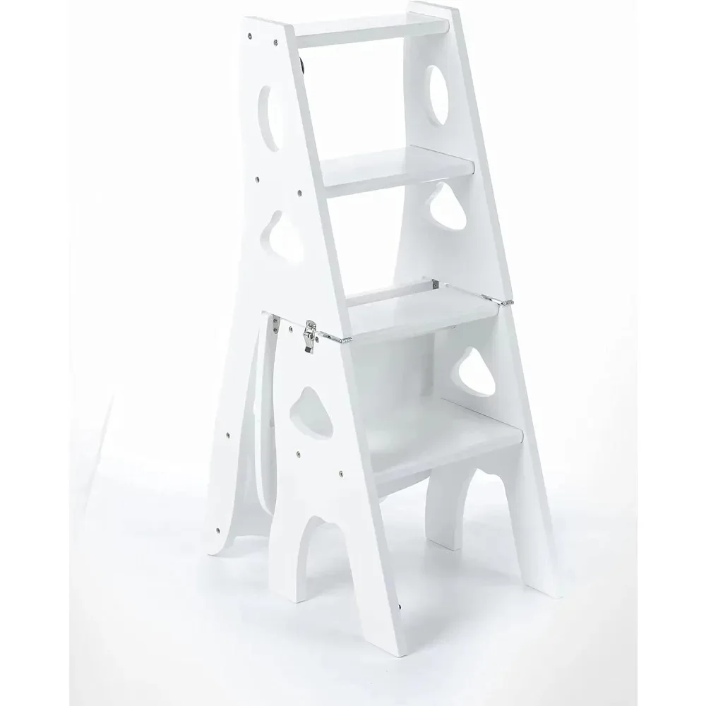 

Step Stool, 4-Step or 3-Step Folding, Portable, Made of The Solid Wood, Four Color Available (White, Chair)