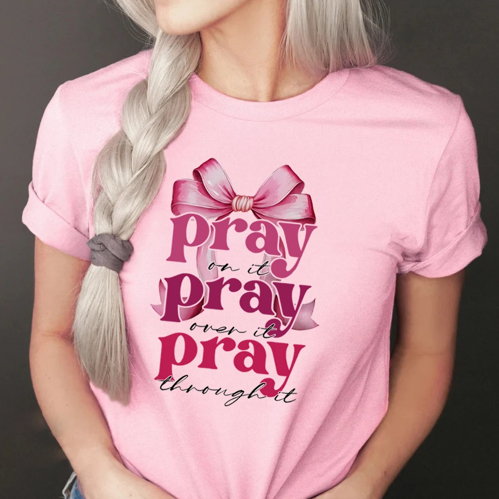 Super Cute Christian Shirts Pray on It Coquette Bow Bundle Tees Women's T-Shirts Lovely Pink Coquette Tops Love and Peace TShirt