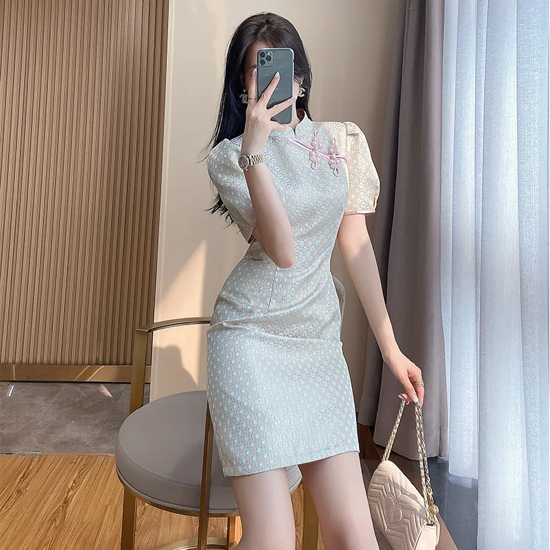 

2024 Spring/summer New Chinese Style Button Improvement Bubble Sleeves Qipao Waist Slim Appearance Dress Stand-up Collar Short