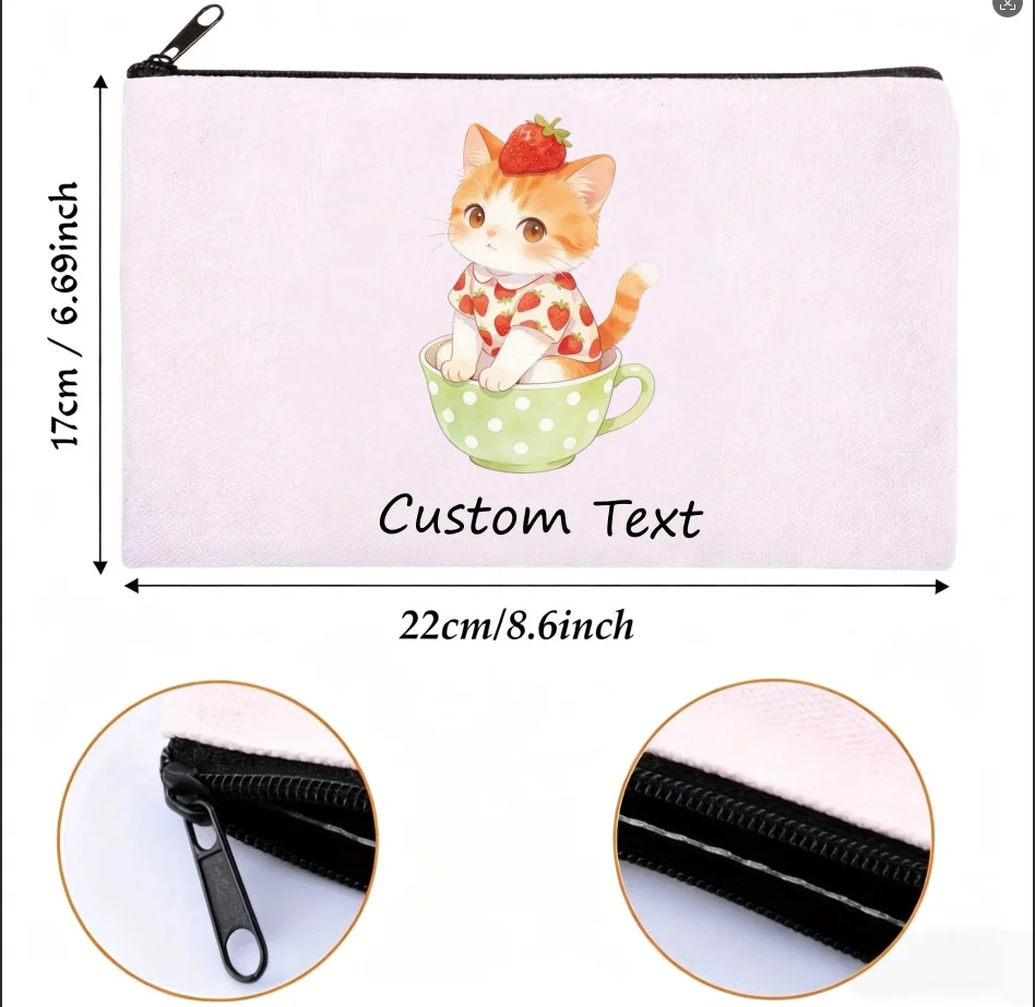 1PC Custom Text Cute Orange Kitten In Green Teacup Strawberry Outfit Cosmetic Bag Personalized Canvas Zipper Storage Pouch