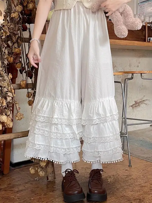 Reine Baumwolle Breite Bein Hosen frauen Layered Spitze Trim Innen Tragen Hosen Herbst Winter Hanfu Basis Schicht Elastische Taille Lange hosen