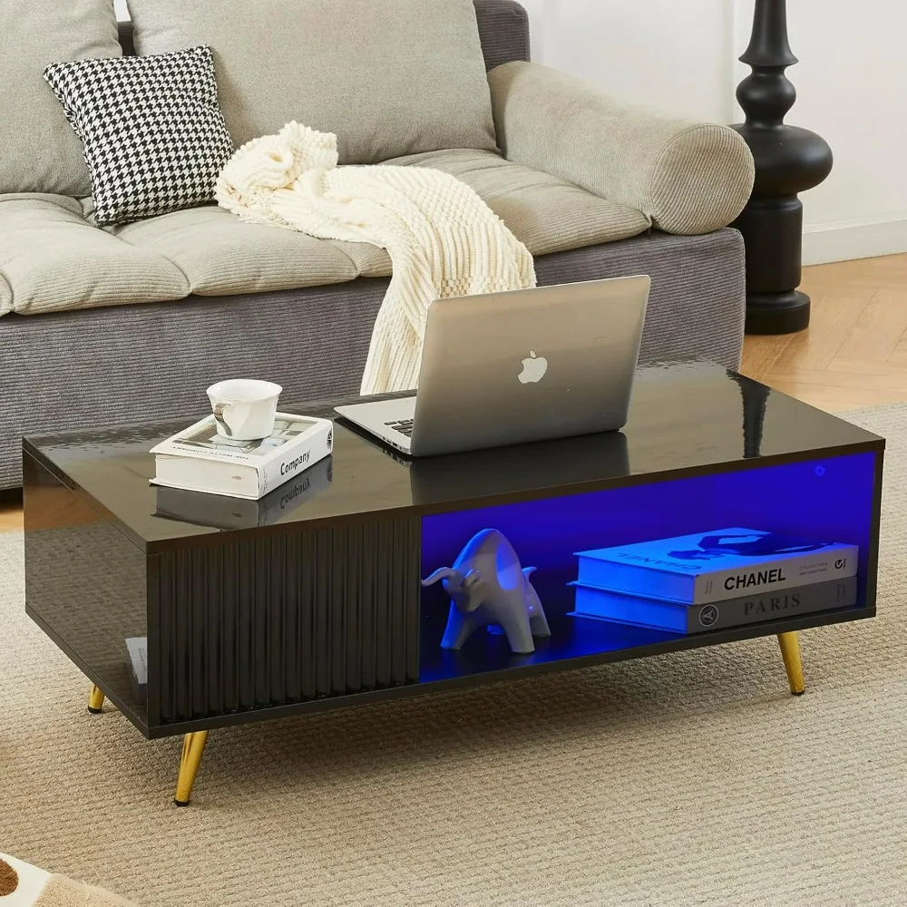 

LED Coffee Tables for Living Room, 16 Colors LED Lights, Modern Minimalist Coffee Table W Fluted Panel, Rectangle Center Table