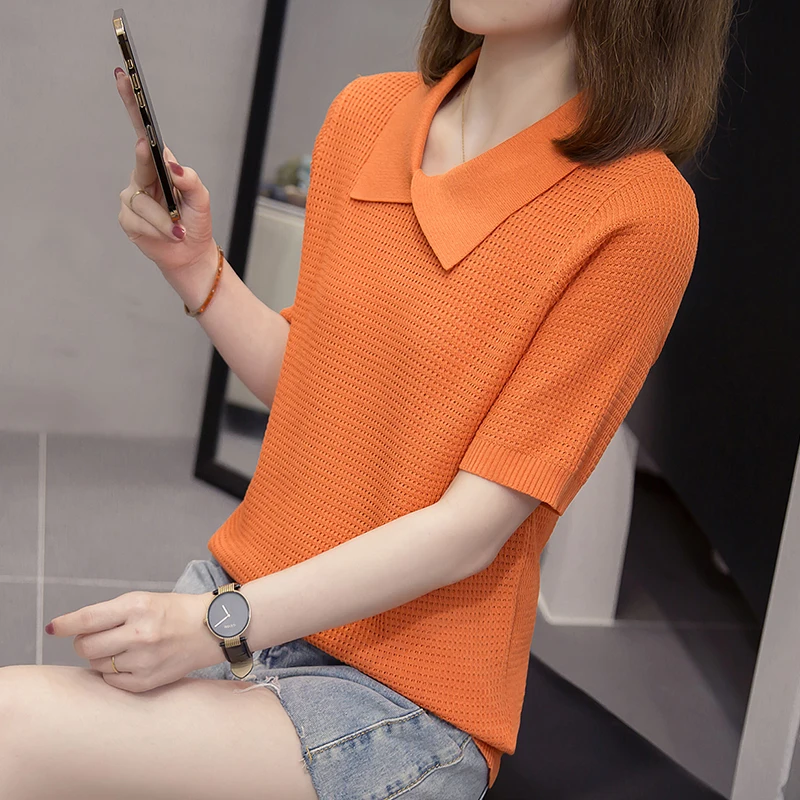 Korean Polo Collar Knitted Tshirt Sweater Women 2023 Summer Short Sleeve Oversized Pullover Tops Vintage Elegant Ladies Knitwear