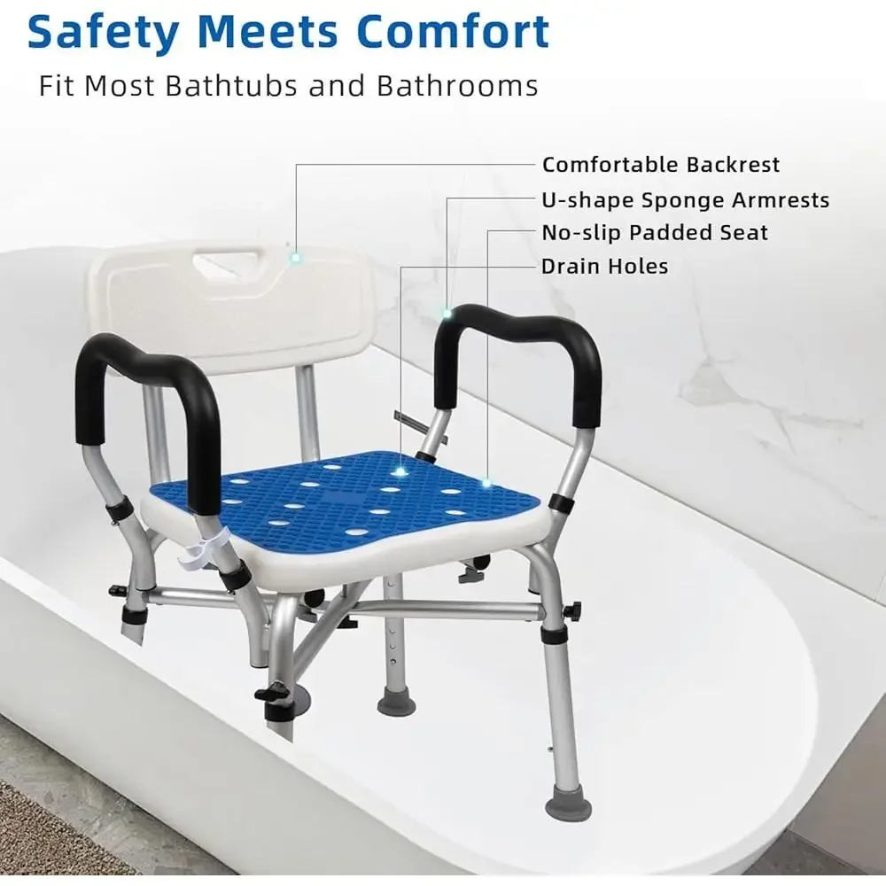 Сверхмощный стул для душа, 550 фунтов, регулируемый табурет для душа с подлокотниками, нескользящая спинка, безопасный инструмент для пожилых людей с ограниченными возможностями, бесплатная сборка