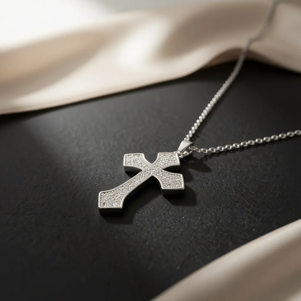 Classic Religious Cross Inlaid Necklace Full Stone Setting Baptism Communion Birthday Holiday Gifts For Faithful Wearers