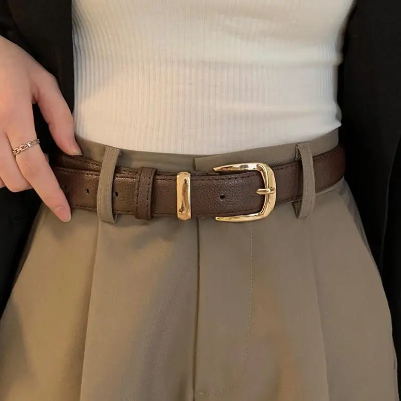 Brown Wide  Metal Buckle Belt Women's INS Fashion Retro Pants Belt Simple Student Jeans Belt Leather Accessories