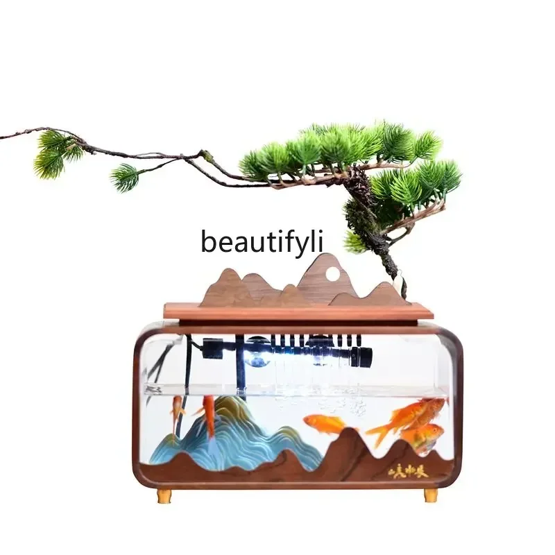 

13Black Walnut Solid Wood Small Desktop Fish Tank Ecological Super White Living Room Goldfish Creative Self-Circulation