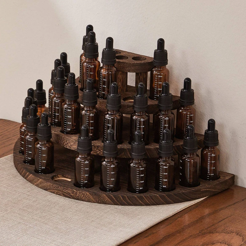 Rustic Wood Essential Oil Organizer Perfume Sample Display Stand Small Apartment Shelf For Bathroom Countertop Storage Box