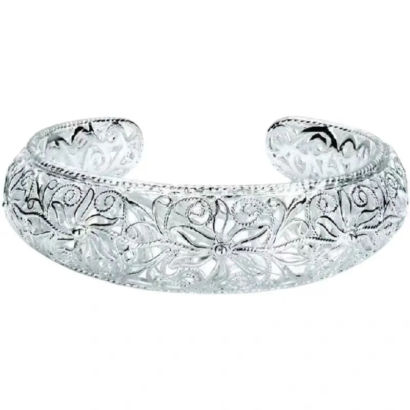 Douyin Live White Copper Plated Hollow Filigree Wide Bracelet Palace Style Cloisonné Craft Adjustable Open Bracelet