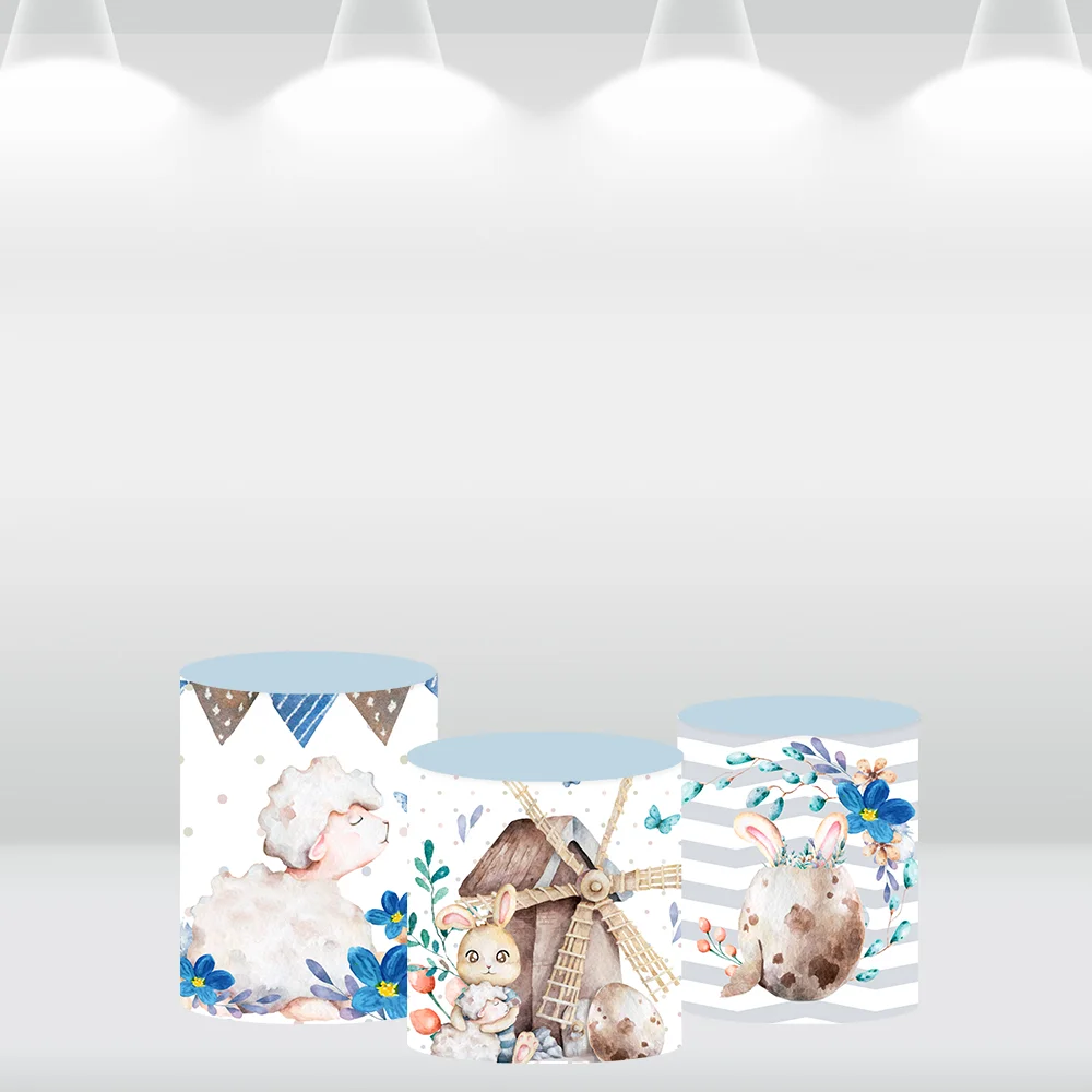 Blue Checkers Farm House Arch Cover Wall Easter Eggs Round Circle Backdrop Banner Cute Sheep Baby Shower Table Cylinder Covers