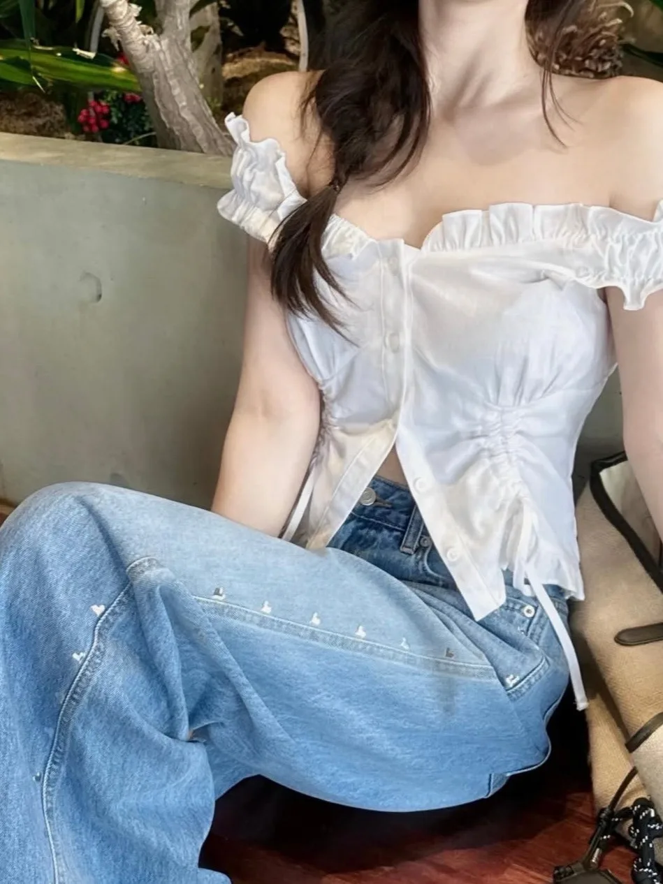 여름 신상 순수한 매력 오프숄더 드로스트링 반팔 여성 셔츠 한국 스타일 달콤한 레이스 트림 출퇴근룩 하이웨이스트