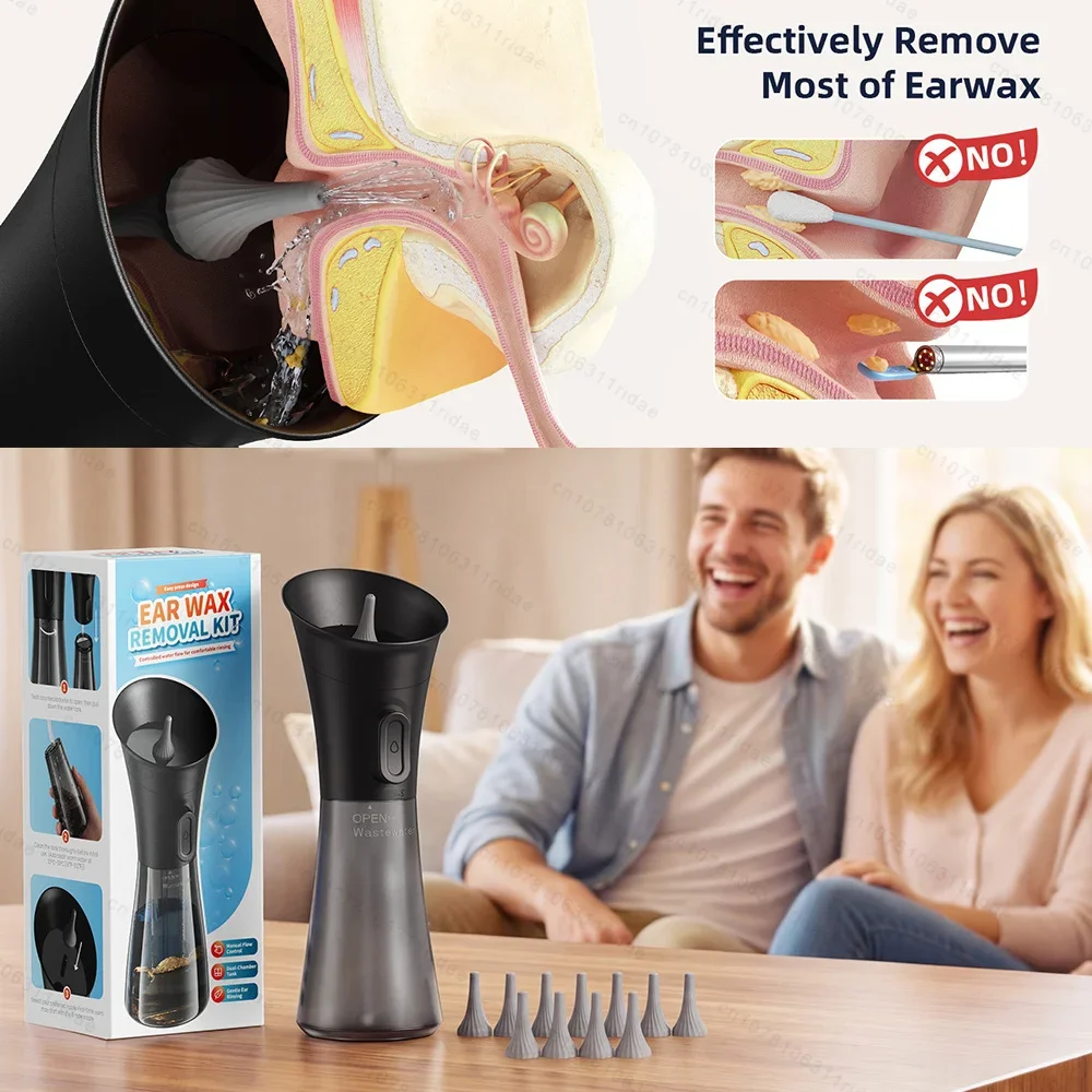 Ear Cleaner Manual Wax Removal Kit Gentle Ear Irrigation Tool Hand-Controlled Flow Soft Silicone Tips