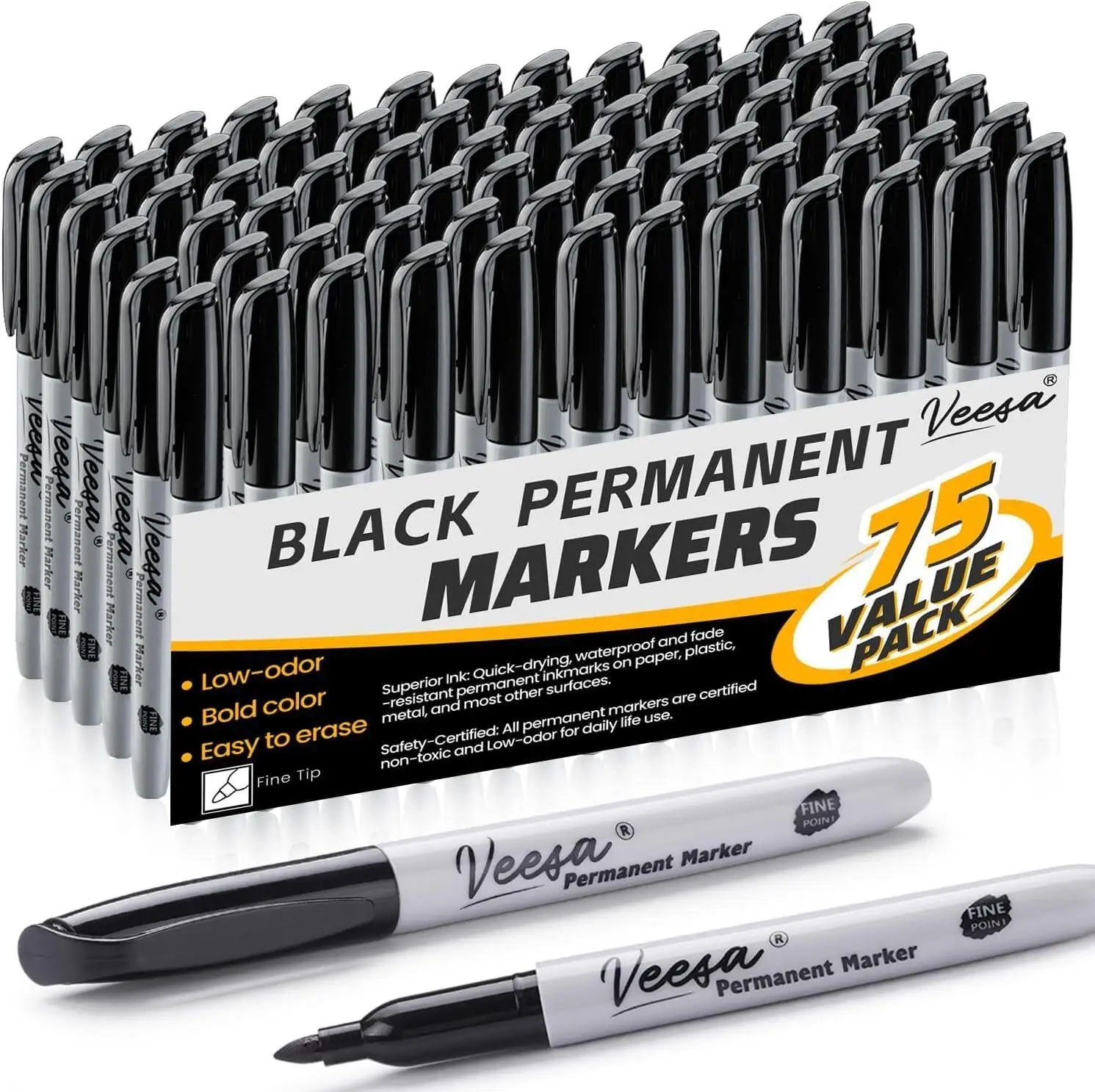 

75 Black Fine Tip Permanent Markers, Quick Dry, Water & Fade Resistant for Wood, Plastic, Paper, Metal