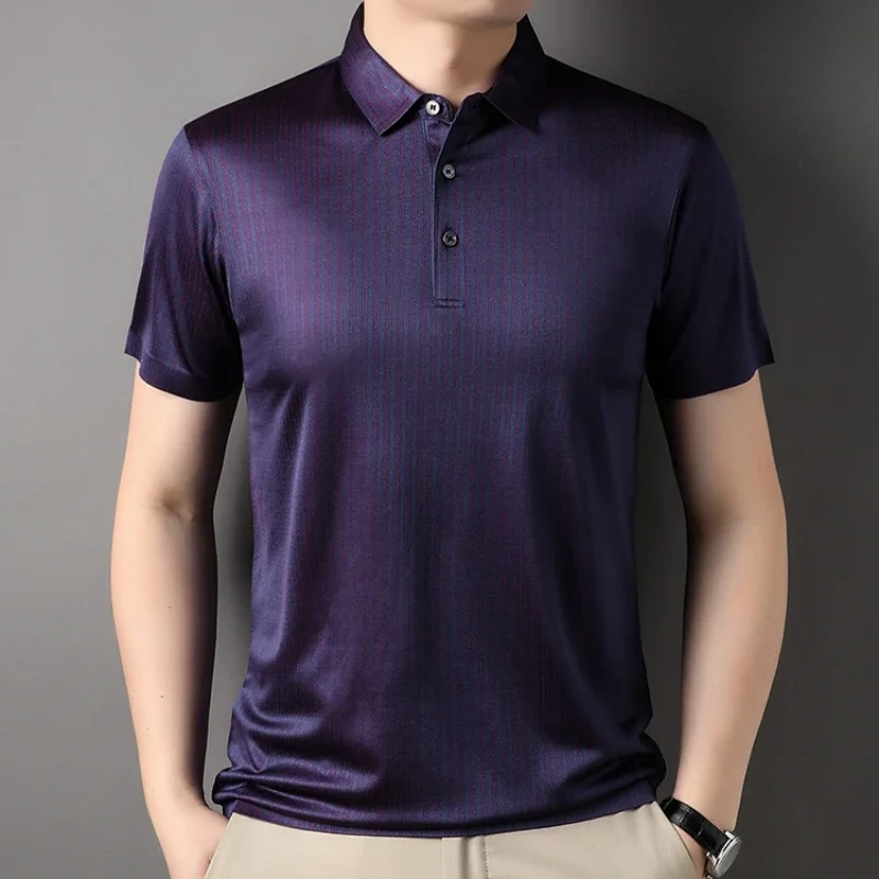 MINGLU Mulberry Silk Men's Polo Shirts Luxury Short Sleeve Summer Business Casual Vertical Stripe Golf Male T-shirts 3XL