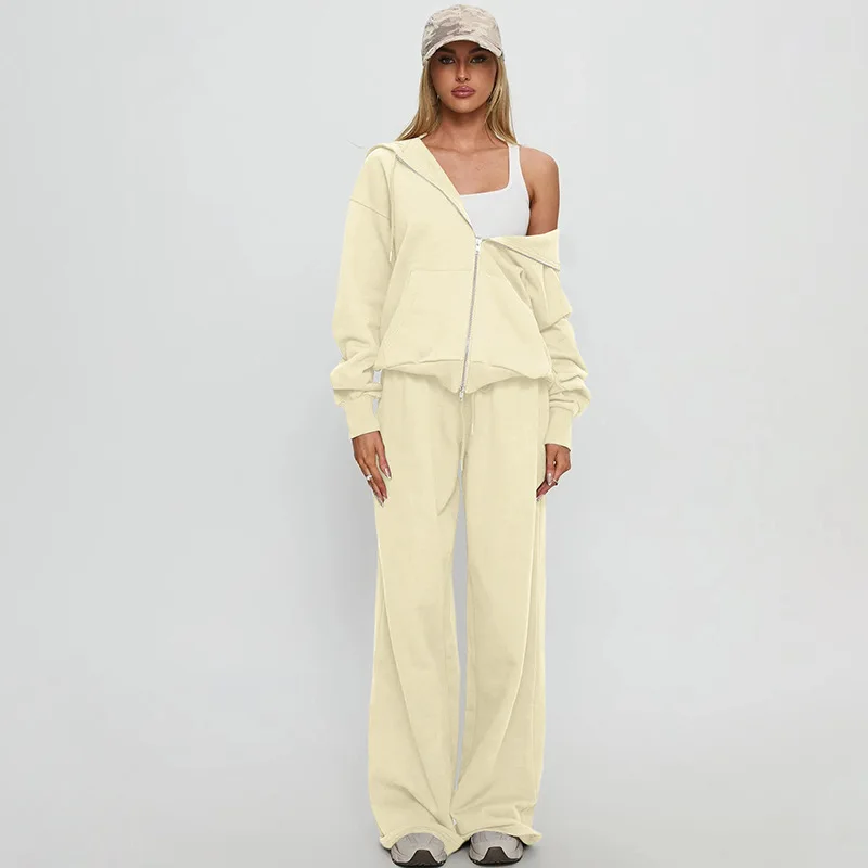 XIAOTANG Hooded Sweatshirt Celana Panjang Kasual 2 Potong Set Fashion Wanita Musim Gugur Sweatshirt Ritsleting dan Celana Panjang Tali Serut Set