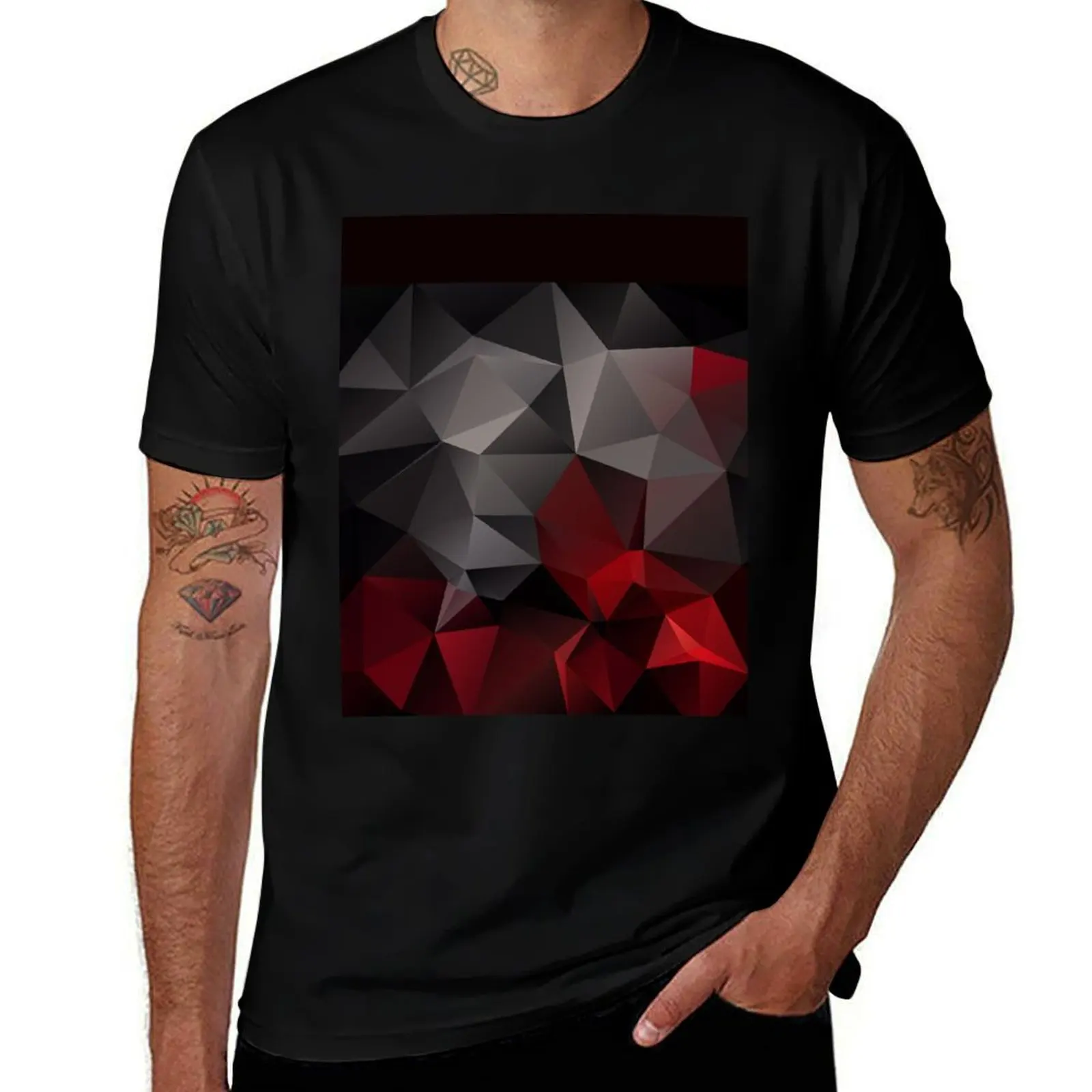 Abstract background of triangles polygon wallpaper in black red colors 1 T-Shirt Plus Size Solid Color T-Shirt