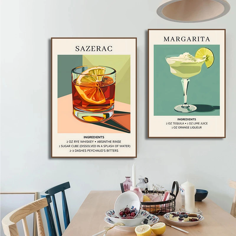 Minimalist Classic Cocktails Martini Mojito Ingredients  Alcohol Poster Canvas Painting Wall Art Pictures Home Room Bar Decor