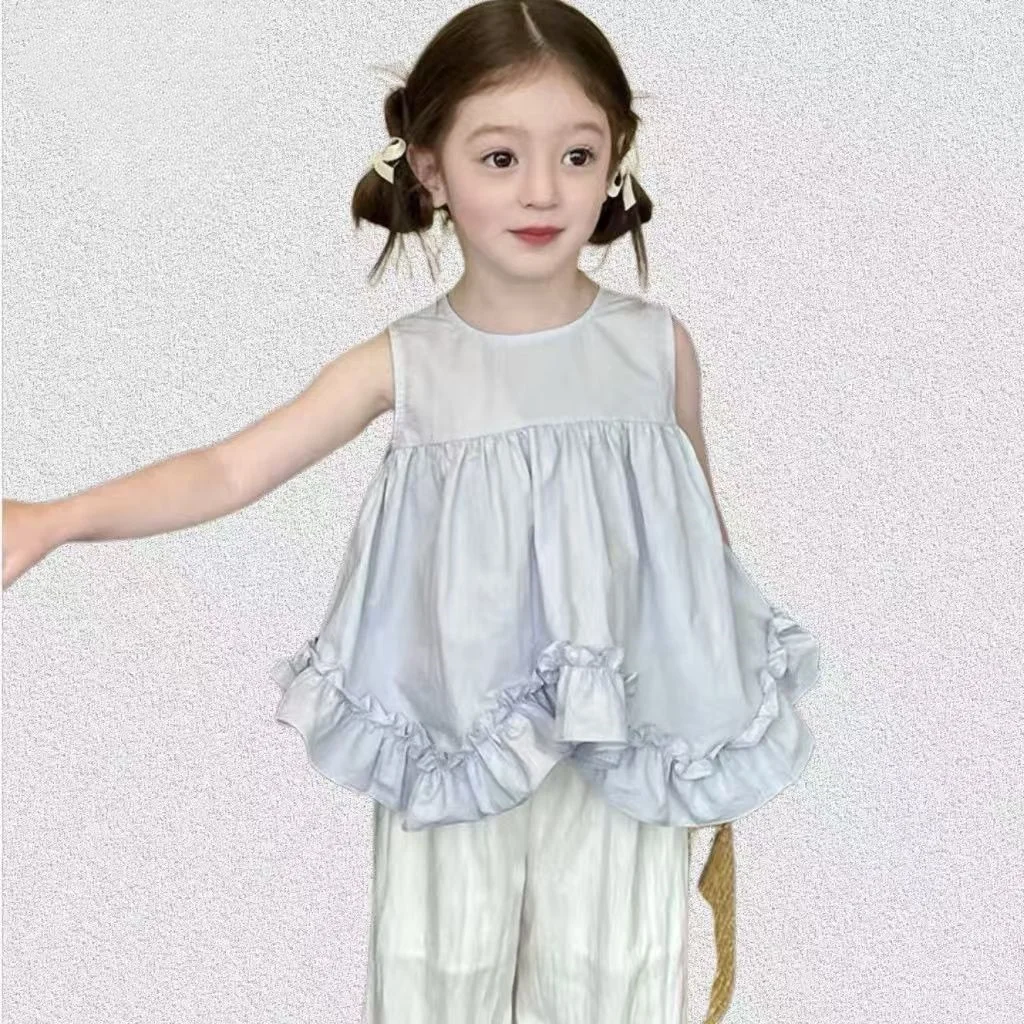 

Girls' Set 2025 Summer New Girl Baby Irregular Ruffle Top Doll Shirt Wide Leg Pants Two Piece Set 90-150CM