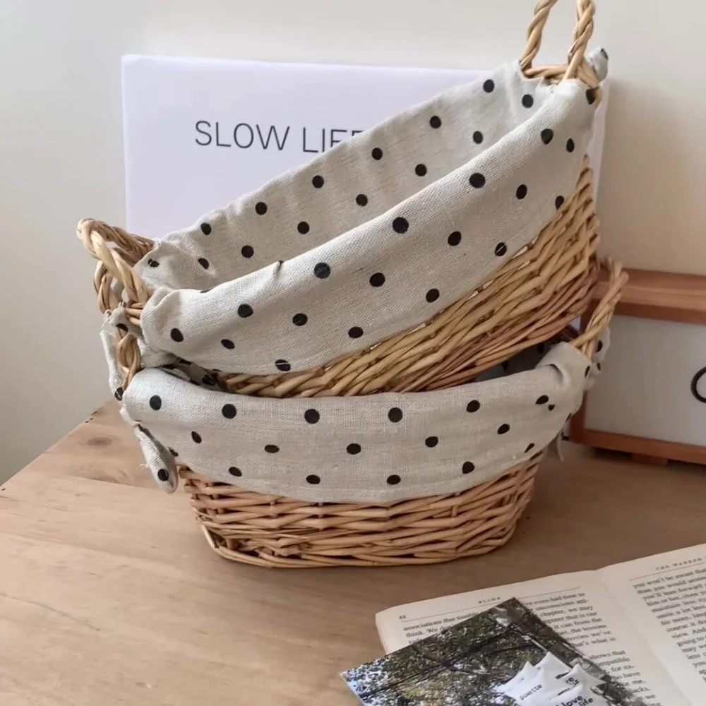 Vintage Fabric Rattan Storage Baskets Decorative Handwoven Cosmetic Storage Baskets with Handle Bread Storage Trays Bedroom