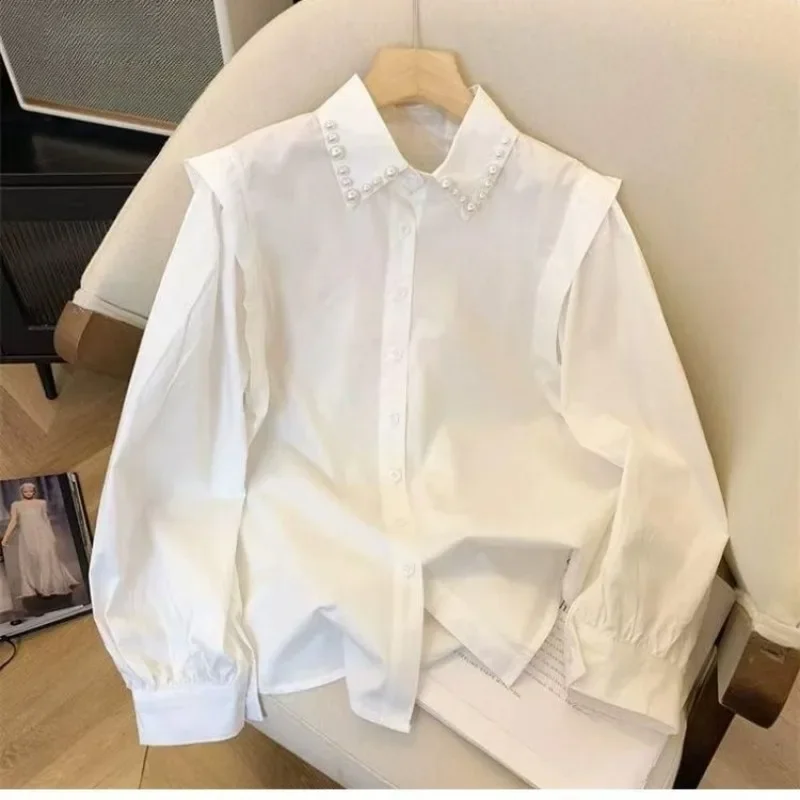 

Heavy Beading Polo Collar Loose Casual Shirt Top Spring Autumn New Long-sleeved Shirt for Women Korean Style