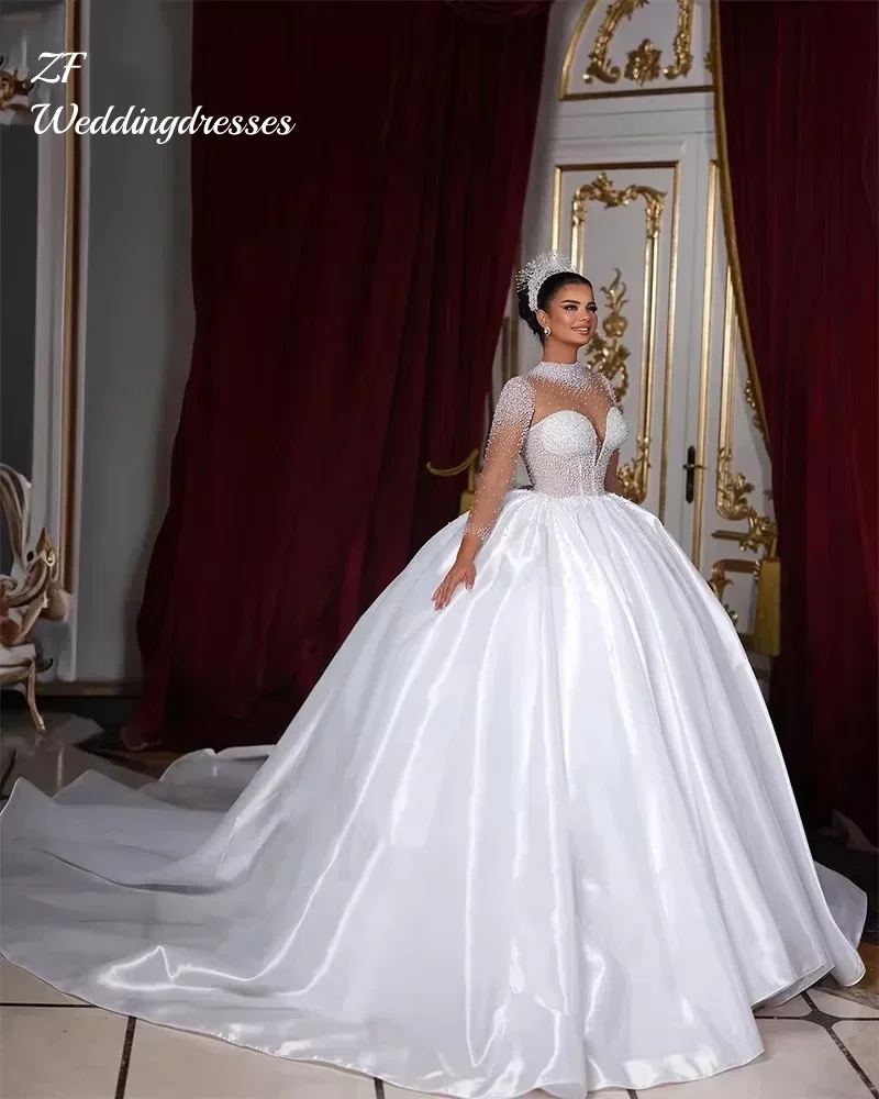 Angepasst Luxus Brautkleider Lange Ärmel High Neck Perlen Braut Prinzessin Ballkleid Kapelle Frauen vestidos de novia