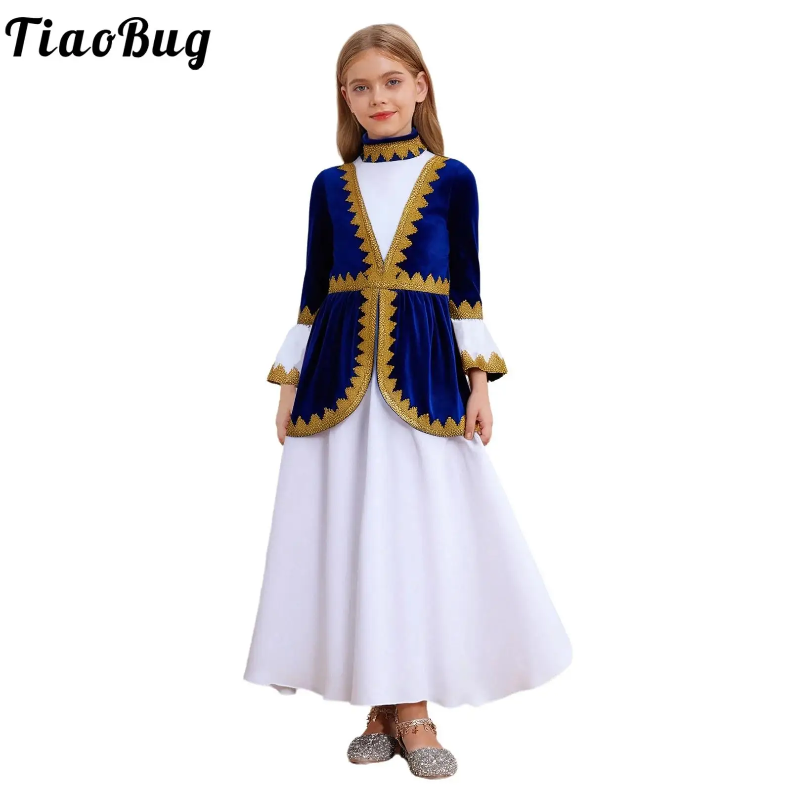 

Kid Girls Russian Heritage Costume Princess Halloween Cosplay Dress Theme Party Vintage Gown Long Flare Sleeve Zipper Maxi Dress